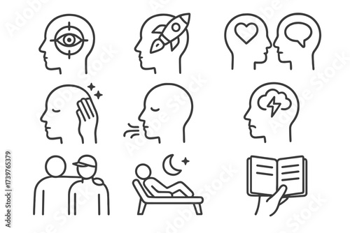 Athlete Mental Wellness Icons. Line style icons of athlete mental wellness: focus icon, motivation boost, mental health talk,