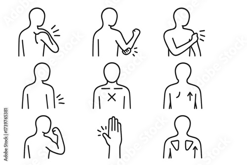 Upper Body Injury Icons. Line style icons of upper body injury focus: rotator cuff, tennis elbow, wrist pain, shoulder impingement