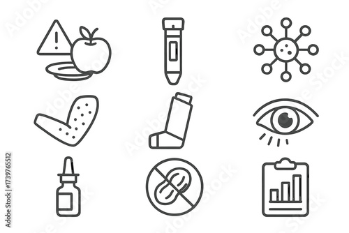 Allergy Care Icons. Line style icons of allergy care: food alert icon, EpiPen, pollen symbol, allergy rash, inhaler, red eye, nose