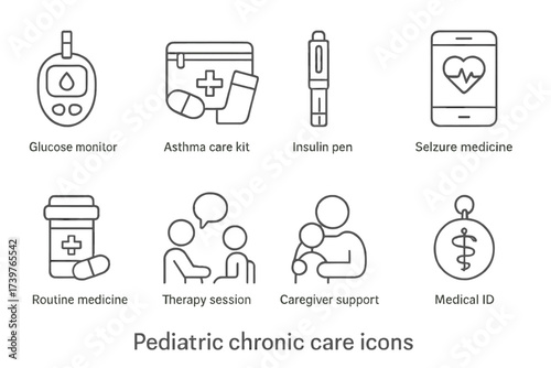 Pediatric Care Icons. Line style icons of pediatric chronic care: glucose monitor, asthma care kit, insulin pen, seizure tracker,