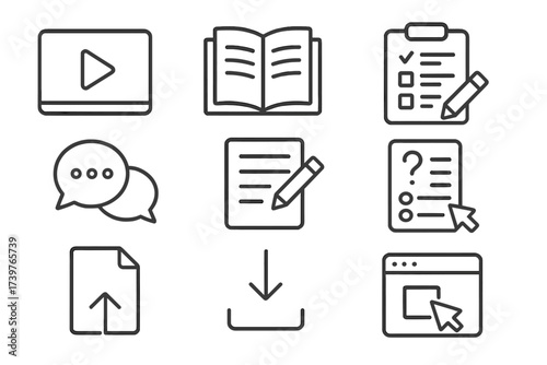 Learning Activity Icons. Line style icons of learning activities: watch video, read article, complete quiz, join discussion, take