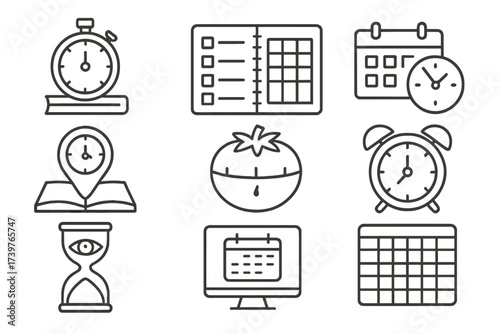 Student Time Management Icons. Line style icons of time management for students: study timer, daily planner, blocked schedule,