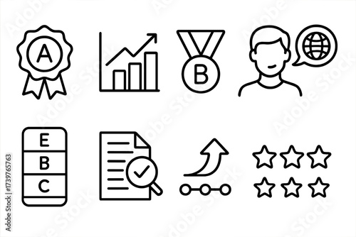 Language Level Icons. Line style icons of language proficiency levels: beginner badge, intermediate chart, advanced medal, fluent