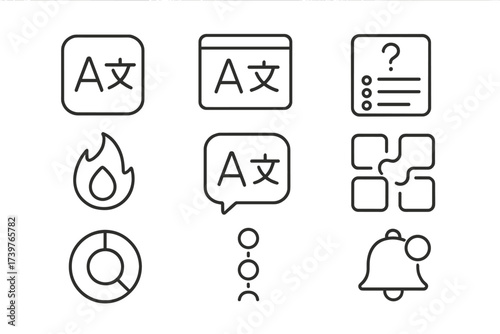 Language App Icons. Line style icons of language apps: mobile app icon, flashcard screen, quiz mode, daily streak badge, speaking