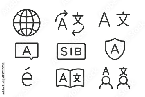 Multilingual Learning Icons. Line style icons of multilingual learning support: globe icon, translation arrows, bilingual text,