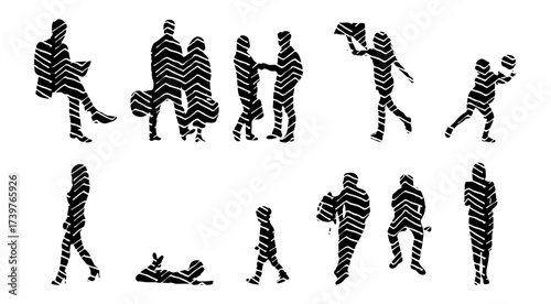 Vector illustration, Outline silhouettes of people, Contour drawing, people silhouette, Icon Set Isolated , Silhouette of sitting people, Architectural set