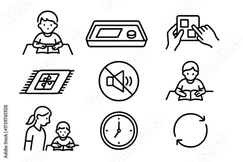 Line Style Focus Icons. Line style icons of concentration and focus: child seated in work, tray with single task, hands-on