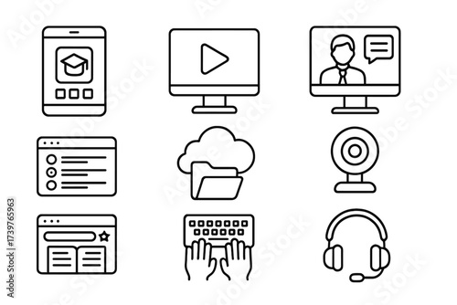 Homeschool Technology Icons. Line style icons of homeschool technology tools: tablet with app, e-learning icon, video call with