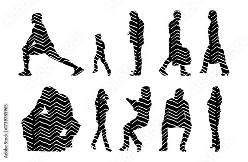 Vector illustration, Outline silhouettes of people, Contour drawing, people silhouette, Icon Set Isolated , Silhouette of sitting people, Architectural set
