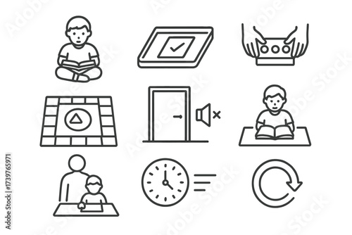 Line Style Focus Icons. Line style icons of concentration and focus: child seated in work, tray with single task, hands-on