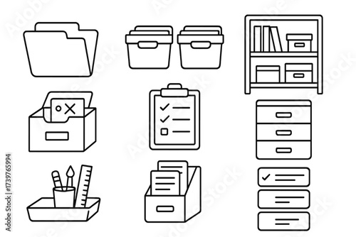 Homeschool Icon Set. Line style icons of homeschool organization: file folders, labeled bins, material shelf, lesson box,