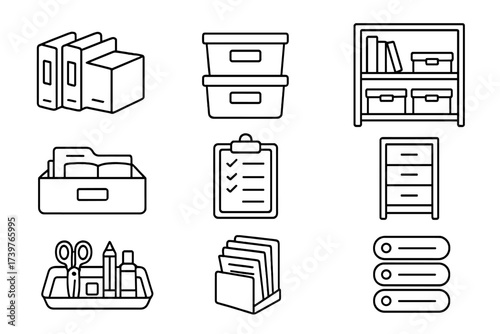 Homeschool Icon Set. Line style icons of homeschool organization: file folders, labeled bins, material shelf, lesson box,