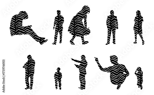 Vector illustration, Outline silhouettes of people, Contour drawing, people silhouette, Icon Set Isolated , Silhouette of sitting people, Architectural set
