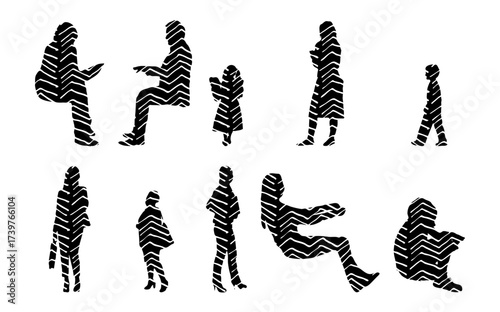 Vector illustration, Outline silhouettes of people, Contour drawing, people silhouette, Icon Set Isolated , Silhouette of sitting people, Architectural set
