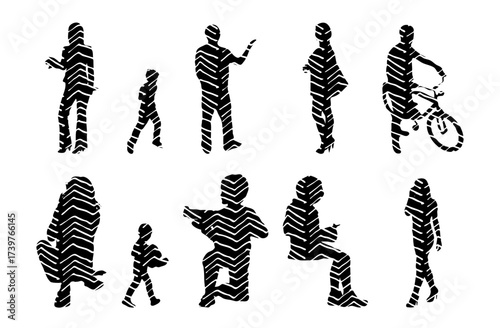 Vector illustration, Outline silhouettes of people, Contour drawing, people silhouette, Icon Set Isolated , Silhouette of sitting people, Architectural set