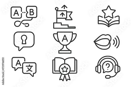Language Gamification Icons. Line style icons of language gamification: word match, accent level-up, vocabulary star, phrase