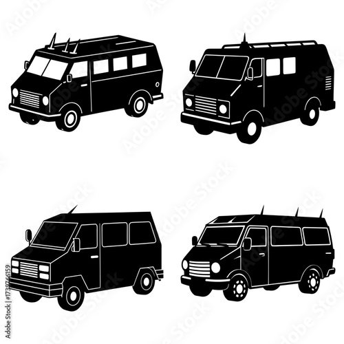 Four black and white illustrations of vans with different designs and roof accessories are displayed here