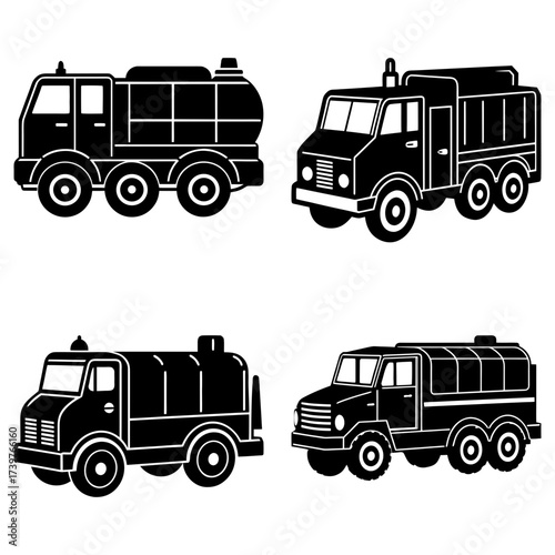 Illustration of four black and white tanker trucks with different designs and wheel configurations