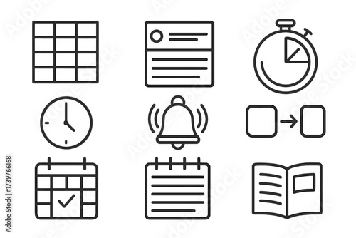 Virtual Classroom Icons. Line style icons of virtual classroom schedules: daily class grid, subject block, timer countdown, start