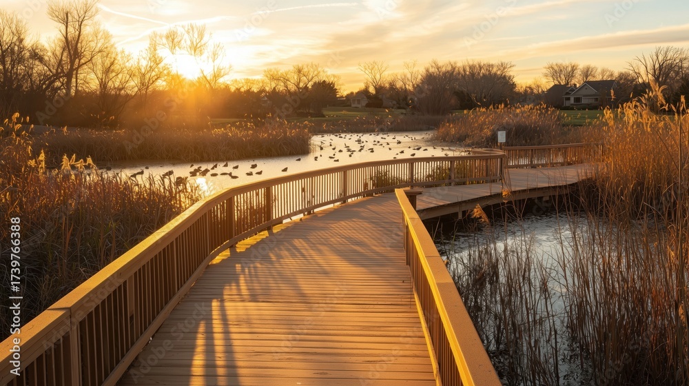 Naklejka premium Golden hour sunlight illuminating a wooden boardwalk through a serene