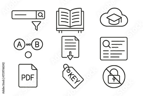 Academic Database Icons. Line style icons of academic databases and search engines: search bar with filter, journal repository,
