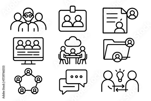 Research Collaboration Icons. Line style icons of collaboration in research: research team icon, co-author badge, shared document,