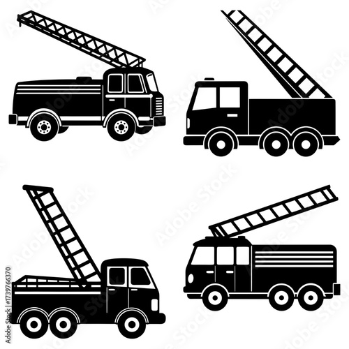 Illustration showing four fire trucks with ladders in black and white silhouette style on a white background