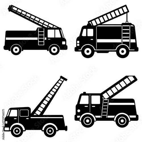 Four black and white fire trucks with ladders in various positions on a white background design vector