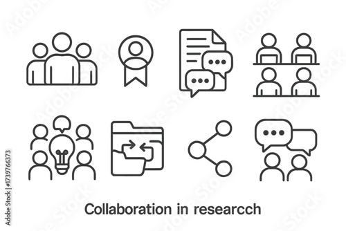 Research Collaboration Icons. Line style icons of collaboration in research: research team icon, co-author badge, shared document,