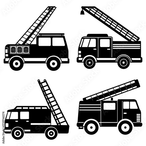 Four black and white fire trucks with ladders in various configurations on a white background design vector