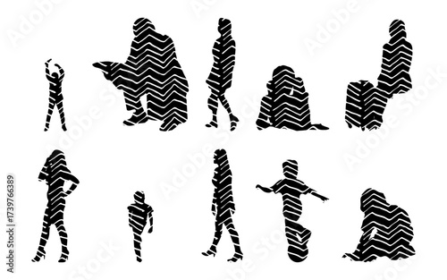 Vector illustration, Outline silhouettes of people, Contour drawing, people silhouette, Icon Set Isolated , Silhouette of sitting people, Architectural set
