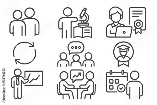 Academic Mentoring Icons. Line style icons of academic mentoring and support: mentor-mentee icon, research guidance, thesis