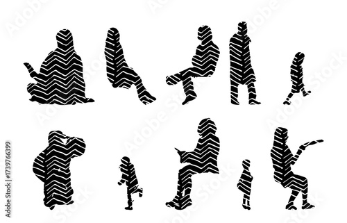 Vector illustration, Outline silhouettes of people, Contour drawing, people silhouette, Icon Set Isolated , Silhouette of sitting people, Architectural set