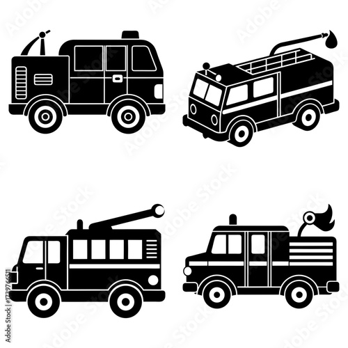Silhouette illustration of four different fire trucks in various angles and designs on white background