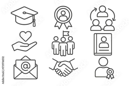 Alumni Network Icons. Line style icons of alumni scholarship network: graduation icon, alumni badge, mentorship loop, giving back