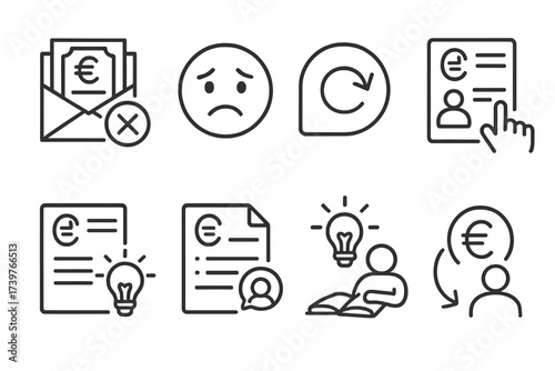 Retry Scholarship Icons. Line style icons of scholarship rejection and retry: declined message, sad emoji, retry arrow, revise