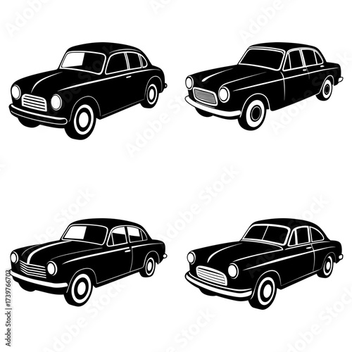 Four vintage cars in black and white showcasing classic automotive design and transportation vehicles on display