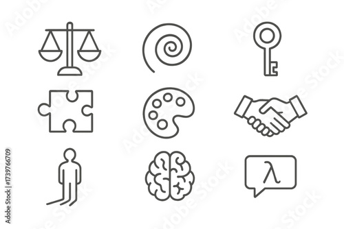 Line Art Philosophy Icons. Line style icons of branches of philosophy: ethics balance scale, metaphysics spiral, epistemology key,