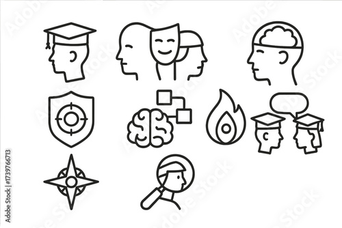 Philosophical Icons Set. Line style icons of student philosophical identity: student thinker profile, identity mask, open mind