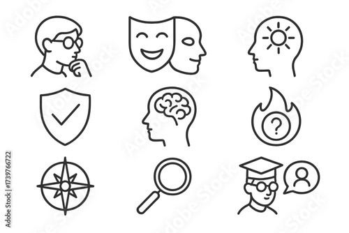 Philosophical Icons Set. Line style icons of student philosophical identity: student thinker profile, identity mask, open mind