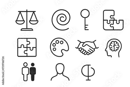 Line Art Philosophy Icons. Line style icons of branches of philosophy: ethics balance scale, metaphysics spiral, epistemology key,