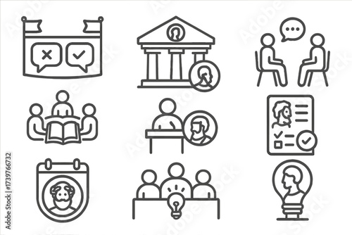 Philosophy Club Icons. Line style icons of philosophy club and events: debate night banner, campus club icon, discussion circle,