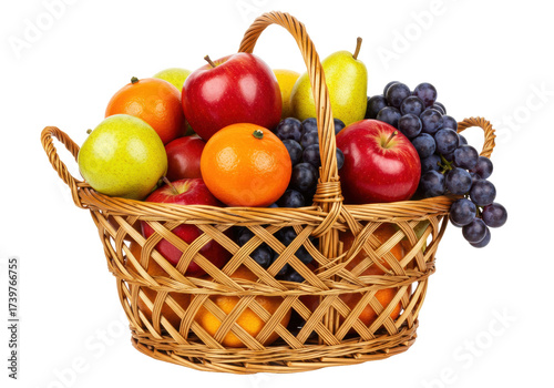 Fotografie Isolated arrangement of colorful fruit overflowing from a wicker basket on seaml