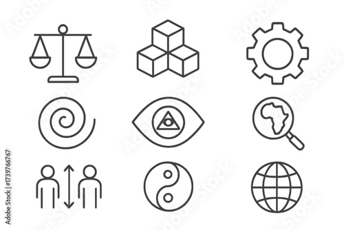 Anthropological Theory Icons. Line style icons of anthropological theories: cultural relativism scale, structuralism blocks,