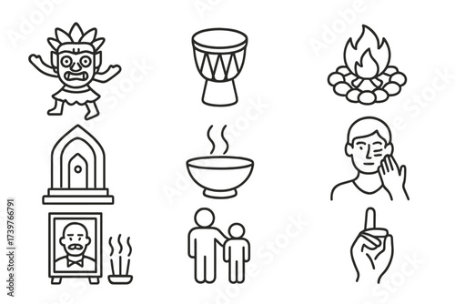 Rituals and Traditions Icons. Line style icons of rituals and traditions: mask dance, ceremonial drum, fire circle, sacred space