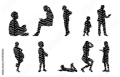 Vector illustration, Outline silhouettes of people, Contour drawing, people silhouette, Icon Set Isolated , Silhouette of sitting people, Architectural set