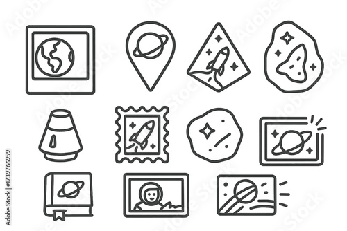 Space Souvenirs Icons. Line style icons of space souvenirs and memories: Earth photo icon, space pin, mission patch, capsule