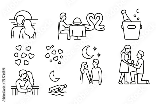Romantic Cruise Icons. Line style icons of romantic cruise features: couple at sunset, private dining icon, heart-shaped towel art