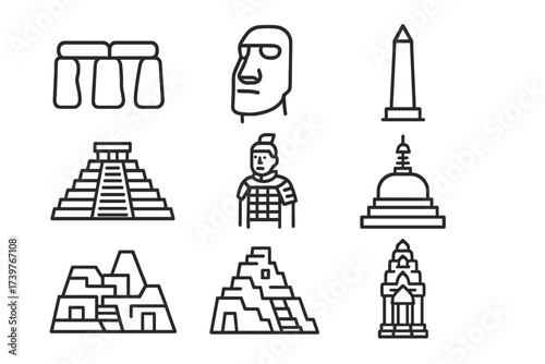 Iconic Monuments Icons. Line style icons of cultural monuments: Stonehenge, Easter Island head, Mayan pyramid, Egyptian obelisk,