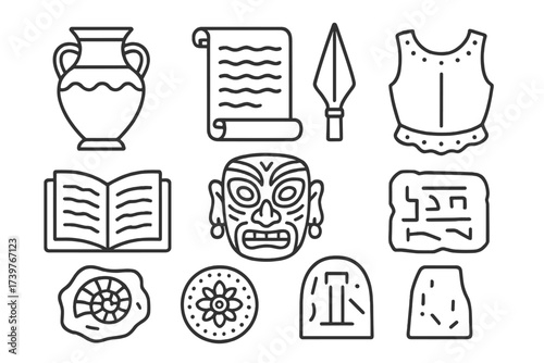 Historical Artifacts Icons. Line style icons of historical artifacts: ancient vase, scroll, spearhead, manuscript, traditional
